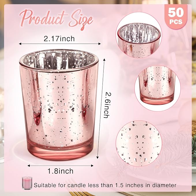 Raiten 50 Pcs Votive Candle Holder Bulk Glass Votive Candle Holder Tealight Candleholder Wedding Centerpiece for Table Home Birthday Anniversary Bridal Shower Party(Rose Gold)