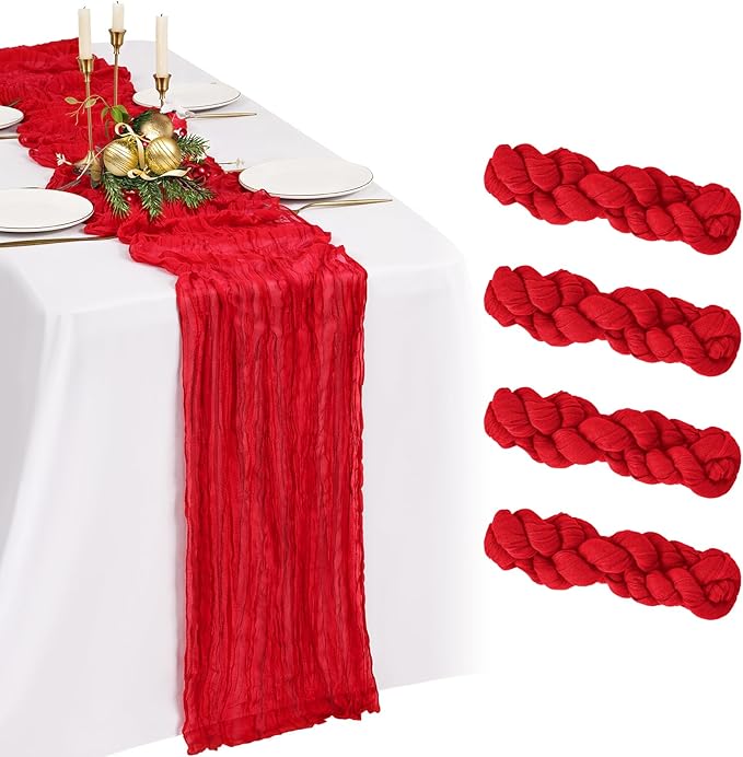 4 Pack Cheesecloth Table Runner 10FT Red Table Runner Boho Gauze Cheese Cloth Table Runners Long Rustic Sheer Table Decorations for Wedding Party Baby Bridal Shower Birthday Holiday Home