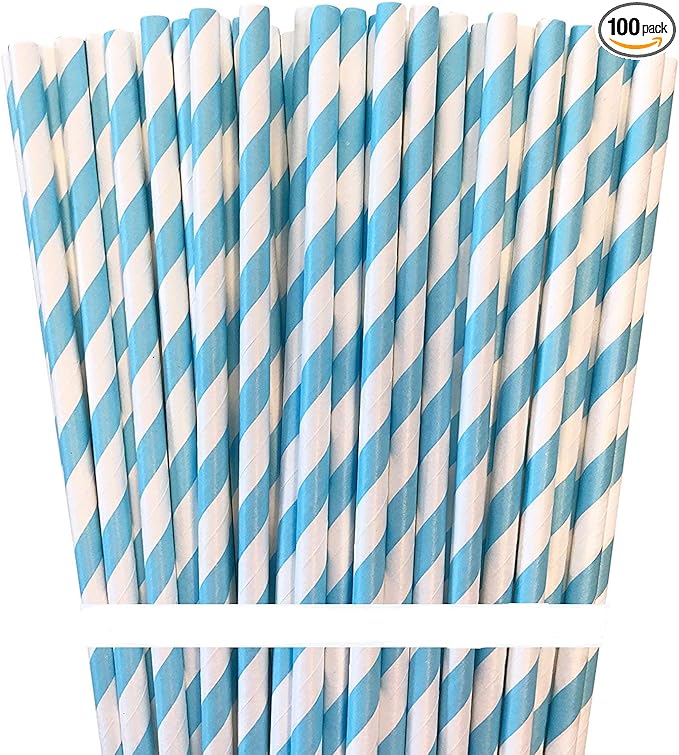 Biodegradable Striped Paper Straws,Paper Drinking Straws for Party, Events and Crafts,Baby Shower Decorations 7.75 Inches,100 Packs - Light Blue White - Striped