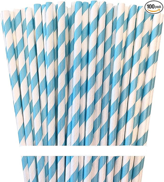 Biodegradable Striped Paper Straws,Paper Drinking Straws for Party, Events and Crafts,Baby Shower Decorations 7.75 Inches,100 Packs - Light Blue White - Striped