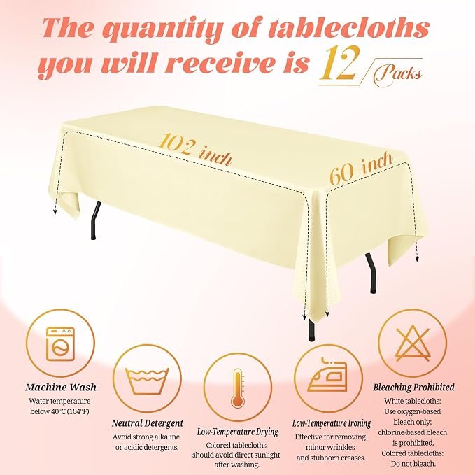 Teruntrue 12 Packs Tablecloths 60x102 inch Beige Rectangle Table Cloth for 6 Foot Rectangle Tables, Washable Polyester Fabric for Wedding Parties Banquet Holiday Dinner Table Decorative, Beige