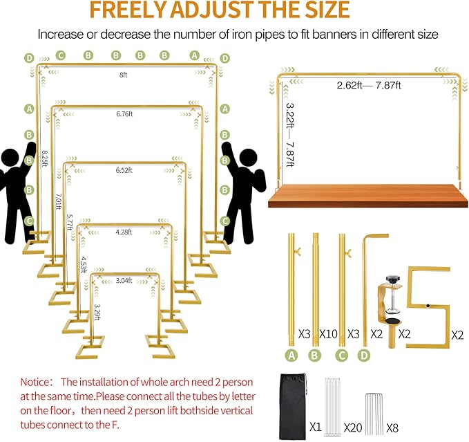 8.2FT Square Arch Backdrop Stand,Metal Gold Backdrop Stand Heavy Duty Adjustable,Extra 2 Clamps Change Over The Table Rod Stand,Wedding Balloon Arch Stand for Valentine Parties Decoration