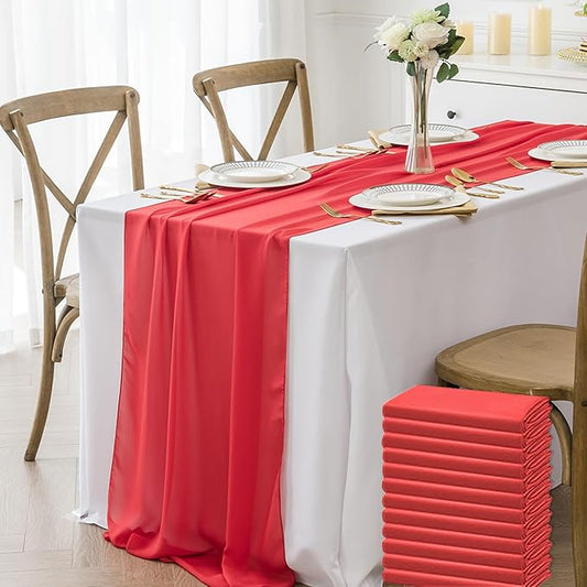 12 Pack Chiffon Table Runner 14x108 Inch Long 9ft Sheer Table Runners for Party Romantic Wedding Bridal Shower Fall Decorations-Red