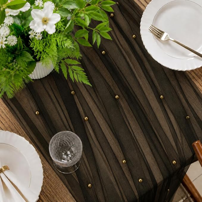 Pearl Black Gauze Pearl Table Runner 120 Inch 10FT, Seasonal Sheer Dining Holiday Wedding Birthday Baby Shower Tulle Summer Table Decor for Home Party