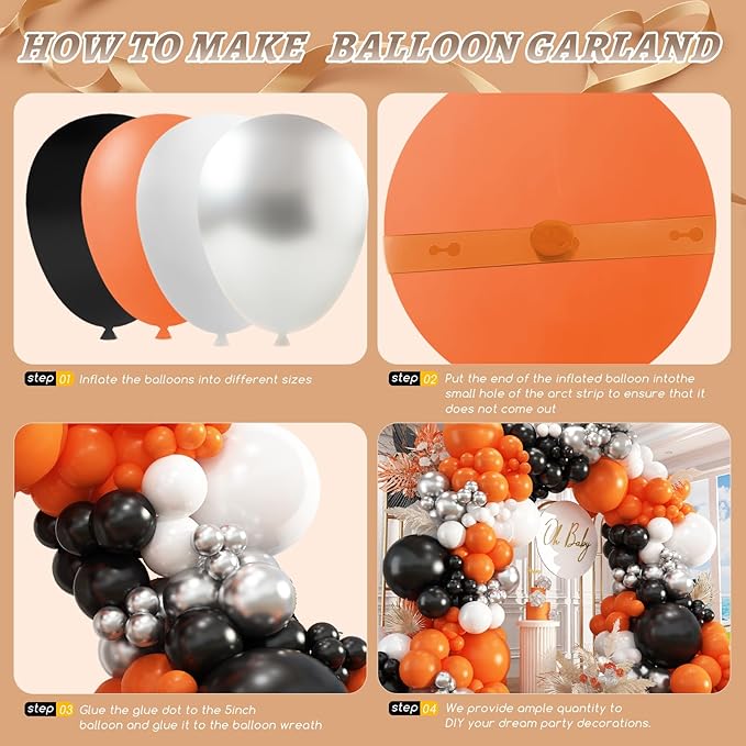 412Pcs Orange and Black Balloon Arch Kit, 18 12 10 5 Inch Different Size Orange Black White Metallic Silver Balloon for Birthday Graduation Halloween Celebration Trick or Treat Party Party Decoration