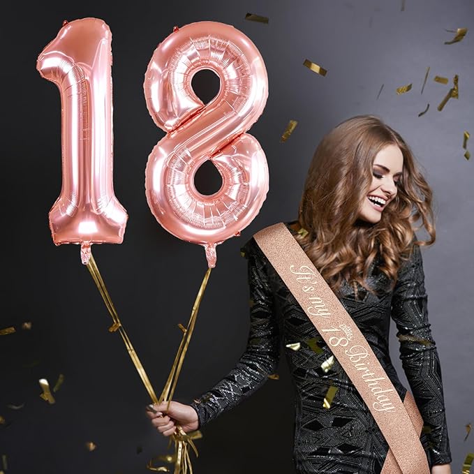 18th Birthday Decorations for Girls, Including 18th Birthday Sash and Tiara, Cake Topper and Candles, Number Balloons, 18 Year Old Gifts for Girls