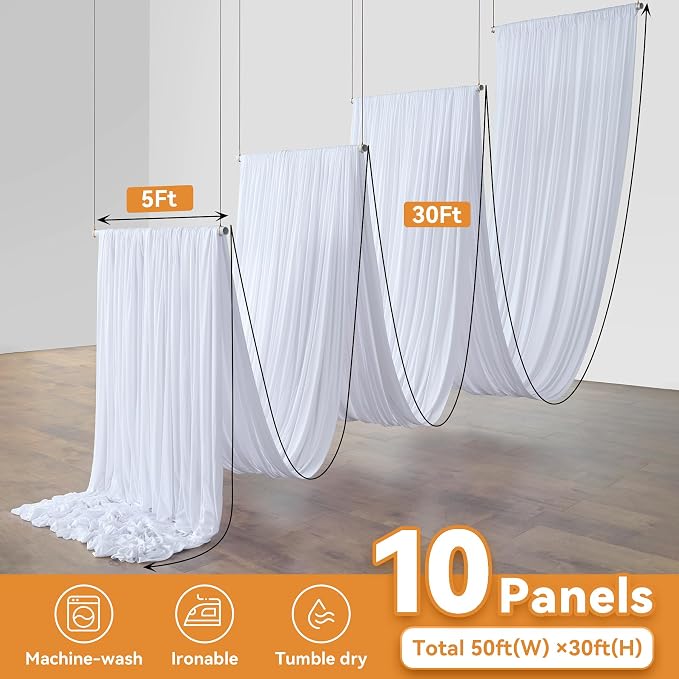 10 Panels 5x30ft White Ceiling Drapes for Wedding, Wrinkle Free Thick Polyester 30 ft Long Canopy Tent Draping Fabric Ceiling Curtains Arch Drapery for Birthday Party Event Venue Decoration