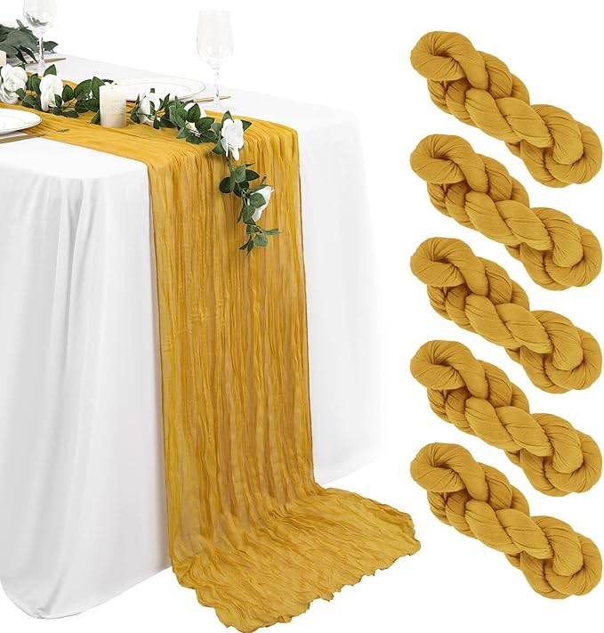 5 Packs Cheesecloth Table Runner Mustard Yellow, 10Ft x 35" Yellow Rustic Gauze Boho Wedding Table Runner Decoration, Wedding Table Decor Table Cloth for Wedding Party Bridal Shower Table