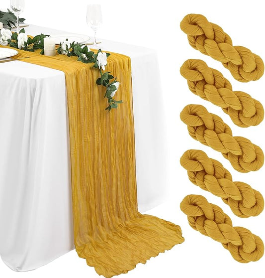 5 Packs Cheesecloth Table Runner Mustard Yellow, 10Ft x 35" Yellow Rustic Gauze Boho Wedding Table Runner Decoration, Wedding Table Decor Table Cloth for Wedding Party Bridal Shower Table