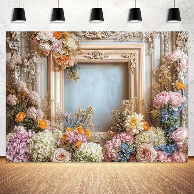 20X10ft Retro Wall Wedding Backdrops Frame Style Colorful Flowers Wall Background Medieval Building Photo Background for Mothers Day Bridal Baby Shower Birthday Girls Women Decoration Backdrop