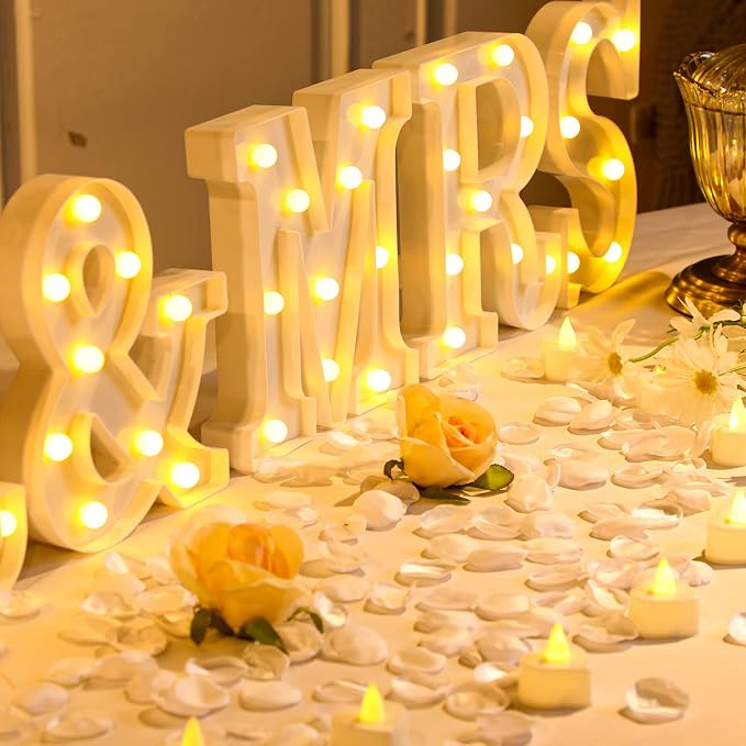 6 Pcs Mr and Mrs LED Light up Sign 8.4 in, 12 Flameless LED Candles 300 Artificial Rose Petals Neon Mr and Mrs Sign for Wedding Table Heart Romantic Candles Light up Letters for Romantic Decor(White)