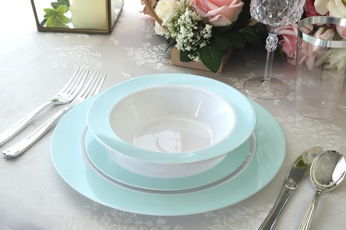 OCCASIONS 50 Piece Heavy Duty Disposable Plastic Plates Set for 25 Guests – 10.5" Dinner & 7.5" Dessert Plates, Premium Party Plates for Weddings, Events, Parties – Rio, White & Pearled Turquoise Blue