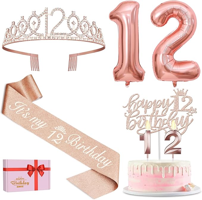 12th Birthday Decorations for Girls, Including 12th Birthday Sash and Tiara, Cake Topper and Candles, Number Balloons, 12 Year Old Gifts for Girls