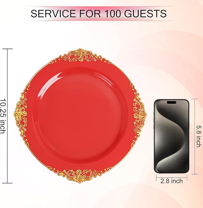 Nervure 100PCS Red and Gold Plastic Plates - 10.25inch Red Disposable Plates - Heavyweight Dinner Plate for Wedding & Party & Mothers Day
