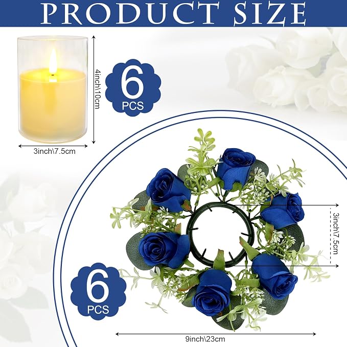6 Sets Artificial Roses Candle Rings - Roses Floral Rings Wreaths with LED Candles Eucalyptus for Centerpieces Table Cabinets Front Doors Wedding Home Party Decor - Royal Blue