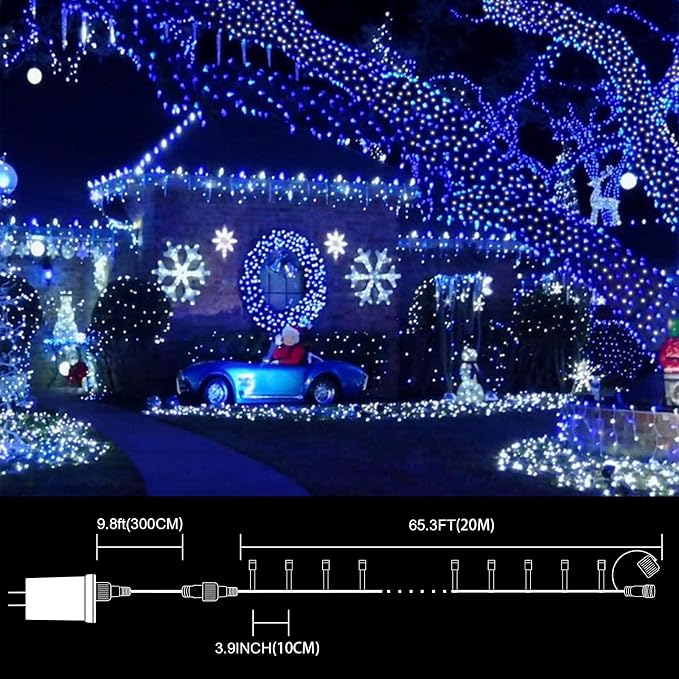 LAMPHOME 66FT 200 LED Blue White String Lights, 16 Modes Plug In Mini Fairy Lights, Waterproof Outdoor Christmas Lights for Hanukkah Xmas Tree Garland Bedroom Ocean Party July 4th Patriotic Decoration