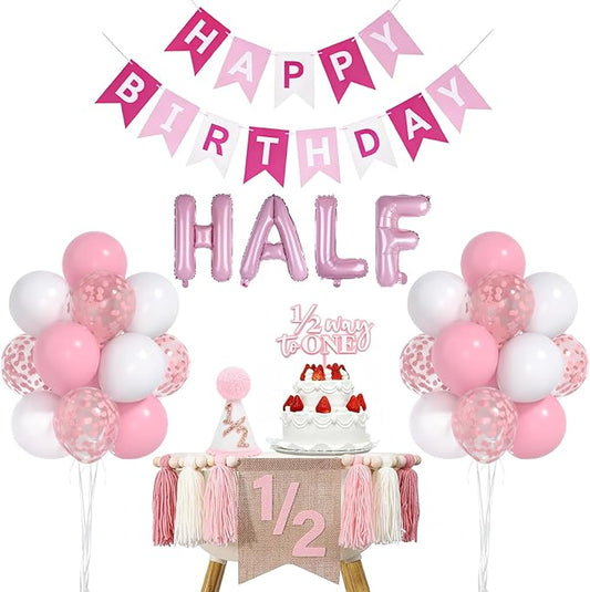 1/2 Birthday Girl Half Birthday Decorations – Pink Party Supplies with Banner, Hat, Cake Topper, and Balloons for 6 Months Baby