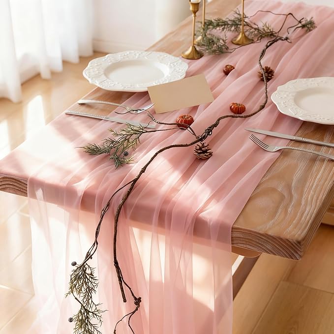 6 Pack 10Ft Blush Pink Sheer Chiffon Table Runner 35x120 Inches for Home Dining Birthday Party Table Decor