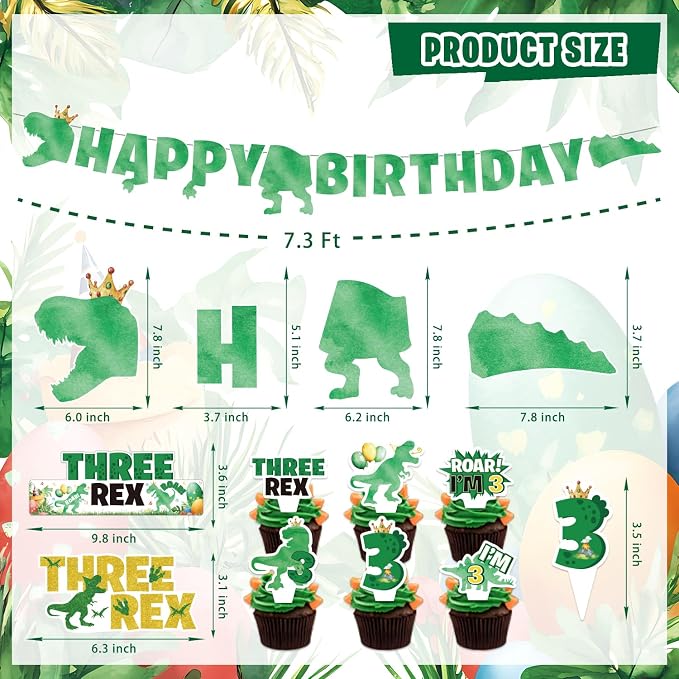 Dinosaur 3rd Birthday Decorations for Boys, 132Pcs Three Dino Rex Dinosaur Party Decor Supplies - Backdrop, Banner, Tablecloth, Centerpieces, Temporary Tattoos, Fans Pompoms, Wall Signs