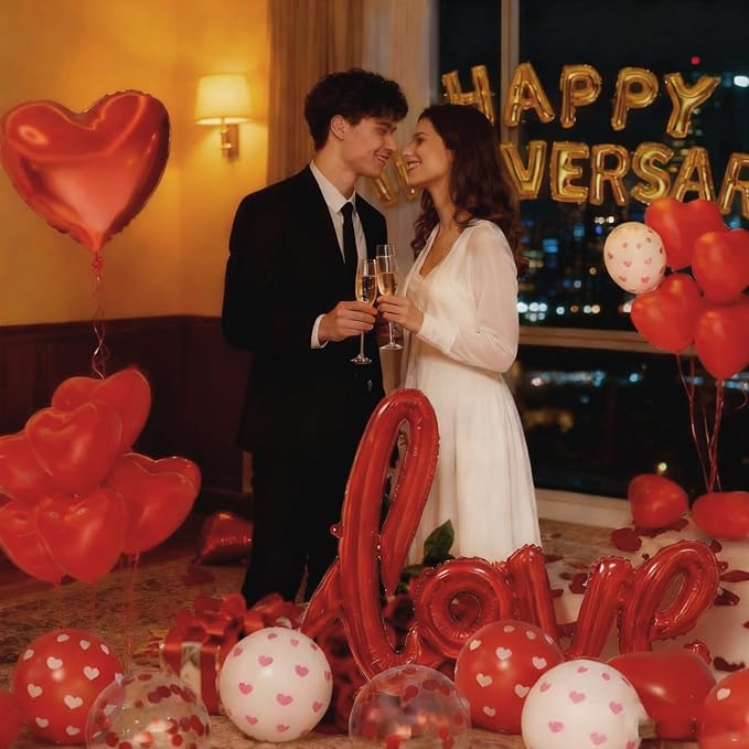 Happy Anniversary Decorations - Romantic Decor for Wedding, Valentines Day Heart Balloons for Bedroom, Party Decor Supplies