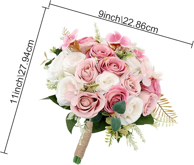 Set of 2 Bridesmaid Bouquets for Wedding - 7 Inch Artificial Ivory Flower Bouquet for Party Ceremony Anniversary Dinning Table Centerpieces Decor - Dusty Pink & White