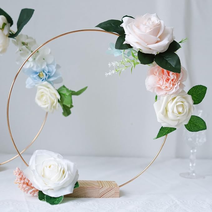 12Pcs 12 Inch Floral Hoop Centerpiece Table Decorations, Metal Gold Center Pieces Decoration for Table with Wood Base, Table Centerpieces for DIY Wedding Decor Wall Hanging Crafts