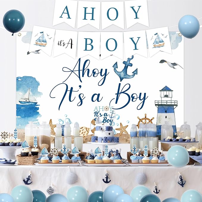 Ahoy It's a Boy Baby Shower Decorations Blue Nautical Backdrop Banner Navy Blue Cake Cupcake Topper Sash Latex Balloons Ocean Ship Anchor Lighthouse Decor for Sailor Theme Baby Shower Ocean Party