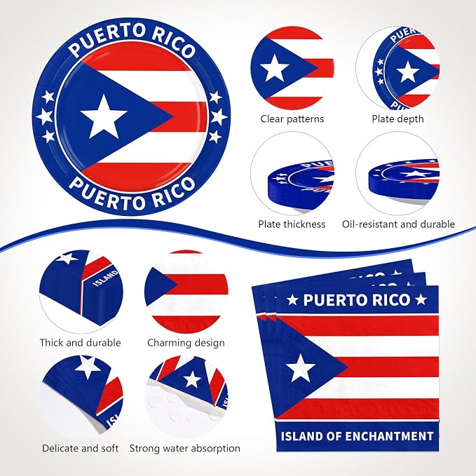 170Pcs Puerto Rico Party Supplies Puerto Rico Flag Plates Napkins Cups Forks Knives Spoons Tablecloths for Rican Fiesta Birthday Party National Day Cultural Celebrations, Serves 24