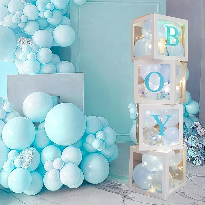 Uptotop Baby Shower Decorations Clear Balloon Blocks with Fairy String Lights, 4 Pack Transparent Balloon Boxes Including 30 Letters, 4 Warm White Fairy Lights & 36 Latex Balloons, Blue