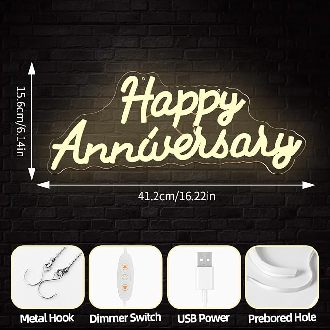 Happy Anniversary Neon Sign Dimmable Wedding Anniversary Decorations Led Sign Backdrop Feliz Aniversario Light Up Sign for Party Decor Gift for Couple(16.2"x6.14")