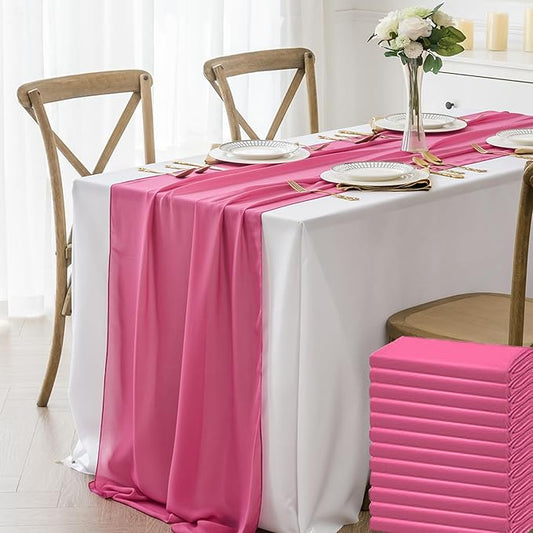 12 Pack Chiffon Table Runner 14x108 Inch Long 9ft Sheer Table Runners for Party Romantic Wedding Bridal Shower Fall Decorations-Fuchsia