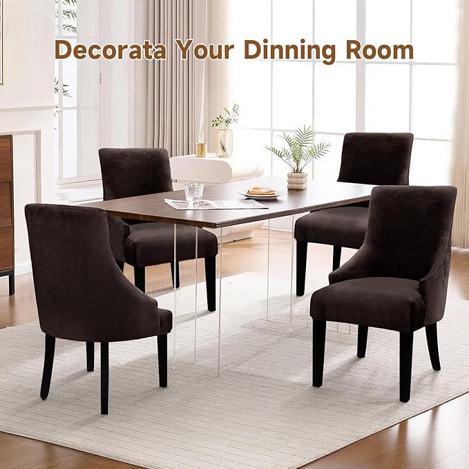 Velvet Wingback Dining Chair Cover Soft Stretch Accent Chair Cover Slipcover Thick Plush Wing Back Chairs Covers Furniture Protect Washable Chairs Protector Covers for Dining Room (Dark Brown, 4)