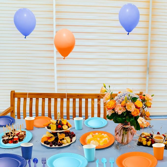 Ziliny 420 Pcs Paper Plates and Napkins 9 oz Paper Cups Forks Knives Spoons Disposable Tableware for Dog Theme Birthday Party Supplies, Serves 60(Sky Blue, Orange, Dark Blue)