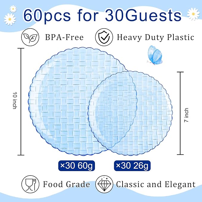 Festiva 60PCS Clear Blue Plastic Plates - Heavy Duty Weave Pattern Fancy Disposable Plates -serve for 30 guests Include 30PCS 10" & 30PCS 7" Plates for Birthday & Easter Party(Blue)
