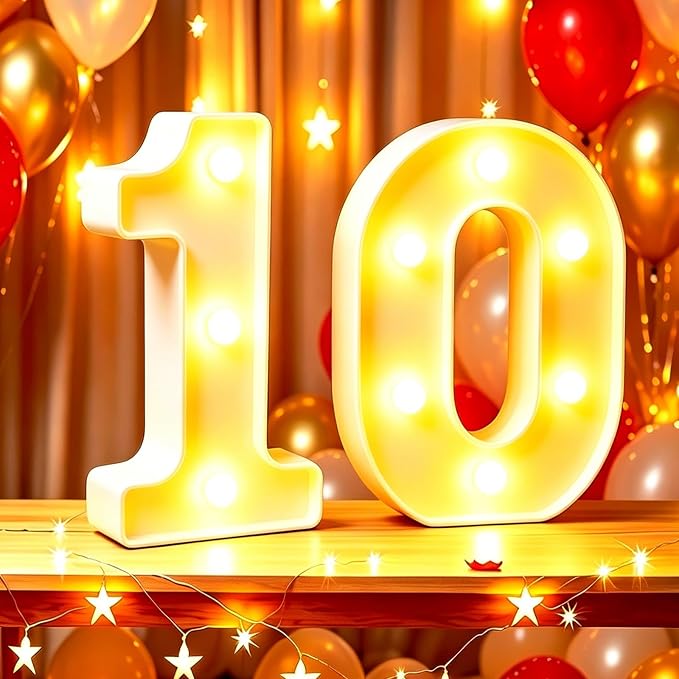 LED Light Up Number 10" Sign, Marquee Number Letter Light, Romantic Table Decoration for Valentine's Day Wedding Anniversary