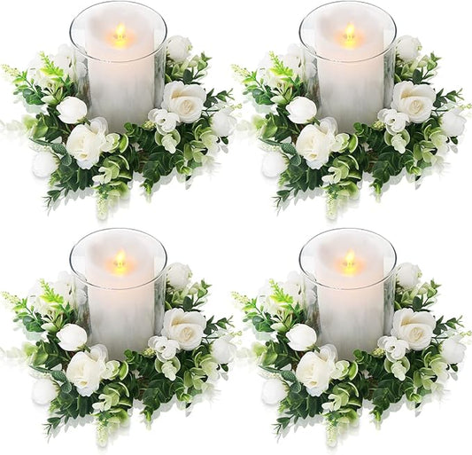 4 Pcs White Rose Candle Rings - Artificial Floral Wreaths with Eucalyptus Leaves Greenery Garland for Pillar Candleholders Wedding Centerpiece Party Home Table Decor