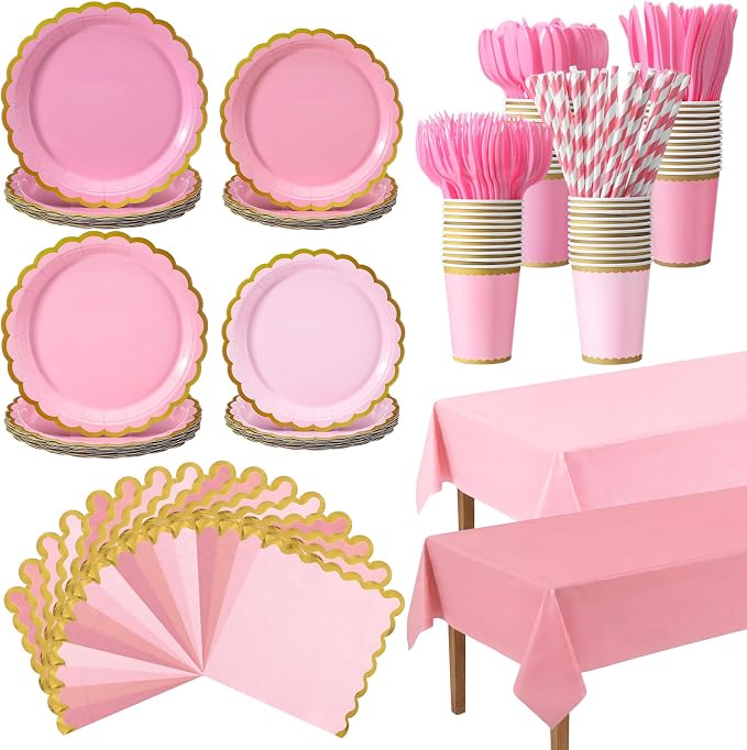 Vesici 452 Pcs Pink Party Supplies Set for 50 Guests 9'' 7'' Paper Plates Napkins Tablecloths 9 oz Cups Cutlery Straws Disposable Tableware for Girls Birthday Baby Shower Wedding Tea Party Decoration
