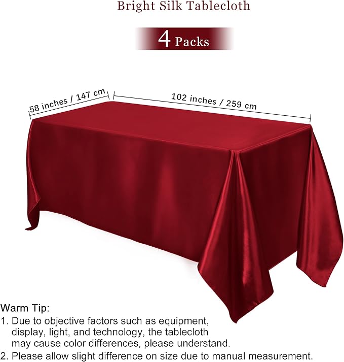 TURSTIN 4 Packs Satin Tablecloth 102 x 58 Inch Overlay Satin Table Cover Rectangle Bright Silk Tablecloth Smooth Fabric Table Decoration for Wedding Banquet Party Events, Burgundy