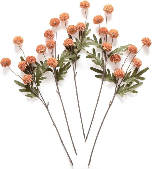 Laelfe Artificial Pompon Mum Burnt Orange, 5Pcs Fake Kiku Flowers Silk Small Mini Chrysanthemum Ball Faux Mum Decor for Vase Filler DIY Bouquet Centerpieces Arrangements Shower(Burnt Orange)
