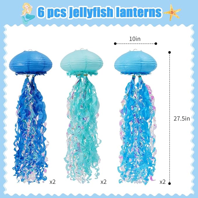 Mermaid Birthday Decorations, Jellyfish Paper Lanterns Hanging Jellyfish Decorations for Mermaid Baby Shower Under The Sea Blue Party Decorations Pack of 6 (Blue)