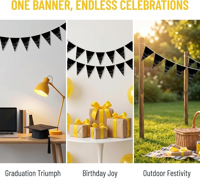 40M/130FT Black Triangle Pennant Banner Flag Metallic Fabric Bunting Garland for Christmas Graduation Birthday Wedding Engagement Bachelorette Holiday Halloween Celebration Hen Party Supplies