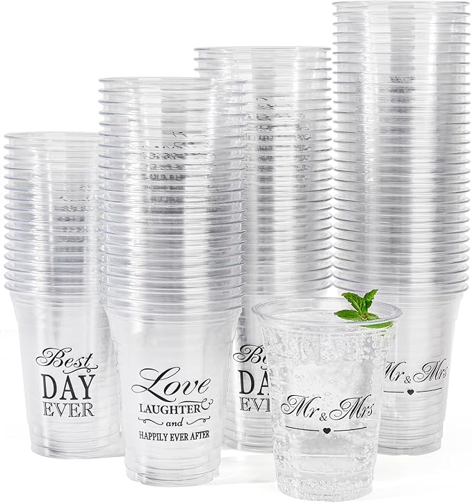 150 Pack Wedding Disposable Plastic 12 oz Mr and Mrs Cups for Wedding Reception and Bridal Shower Decorations