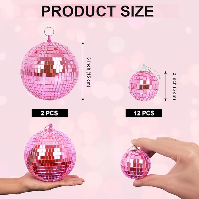 Mirror Balls, MUZTOP 14 Pack Disco Ball Ornaments Hanging Disco Mirror Ball for DJ Stage Club Wedding Holiday Home Party Decor, 6 Inch, 2 Inch (Pink)