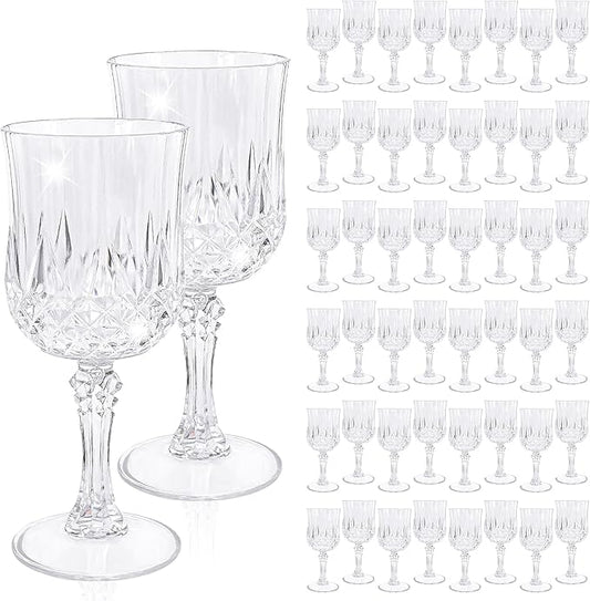 48 Pcs Clear Plastic Wine Glasses, Plastic Goblets for Parties, Vintage Wine Glasses Bulk, Reusable Drinking Glass, Drinkware Cups for Wedding Party Reception Event Supplies