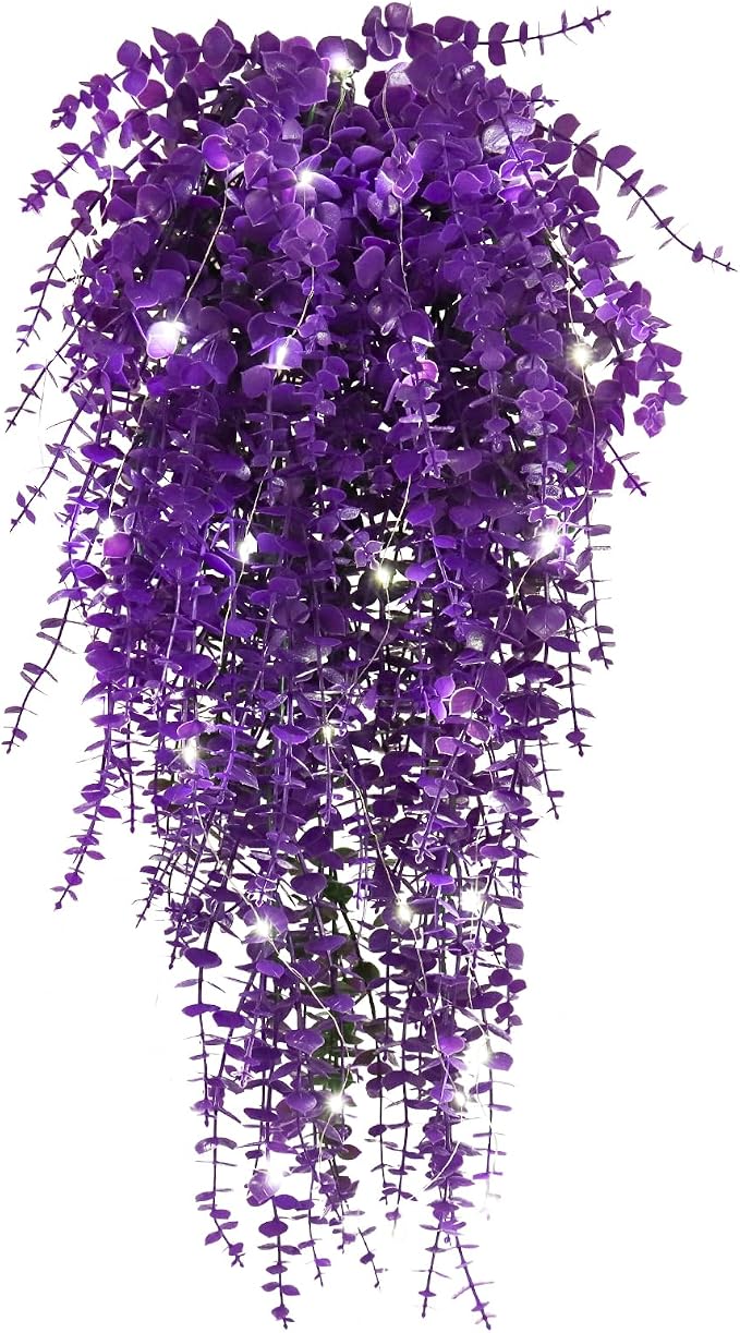 Artificial Plants Lighted Artificial Hanging Plants Fake Money Plants Outdoor UV Resistant Plastic Plants Fake Plants for Outside Home Garden Wedding Party Indoor Backgarden Decorations(Pure Purple)