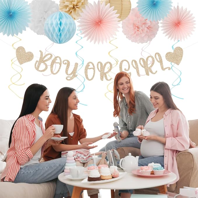 Light-Pink Blue Champagne Gender-Reveal Party-Decorations - 22pcs Boy Or Girl Banner,Neutral Paper Lanterns Streamers,Tissue Pom Poms Flowers Fans Bear Theme Decor Supplies Hugmoon