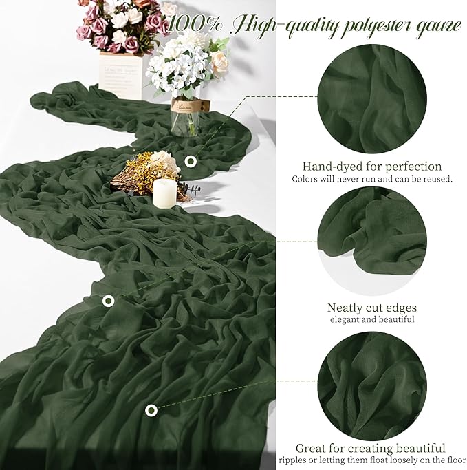24 Packs Hunter Green Cheesecloth Table Runner,10ft Green Rustic Gauze Boho Wedding Table Runner Decoration, Wedding Table Decor Sheer Table Runner for Wedding Party Bridal Shower Table