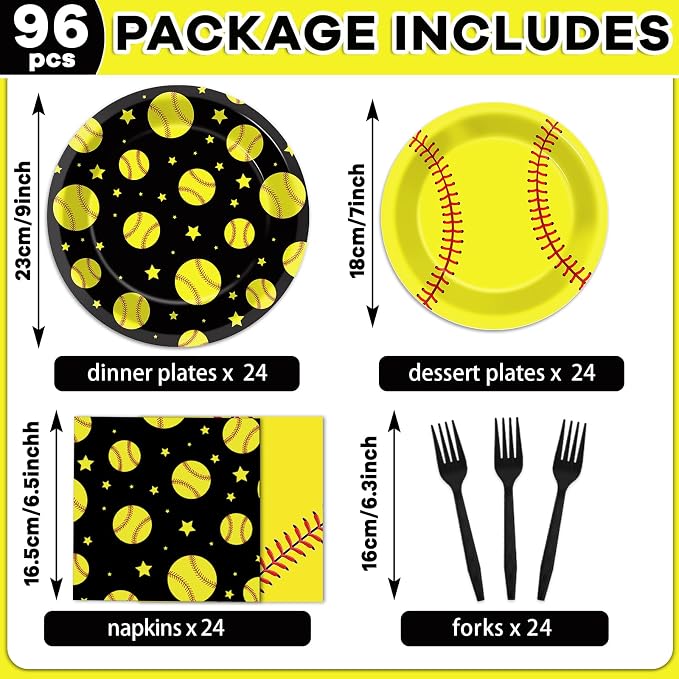 96Pcs Softball Birthday Party Decorations Paper Plates and Napkins Sets Sports Theme Dessert Disposable Tableware Black Yellow Softball Plates Supplies Team Sport Party Gifts Favors for 24 Guests