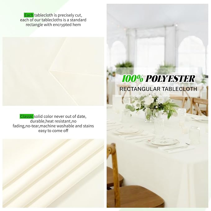 Pesonlook 12 Pack Ivory Tablecloth-60 x 126 Inch Ivory Rectangle Tablecloth for 8 Feet Rectangular Tables,Washable Fabric Table Cover for Wedding/Buffet Party/Dining Table/Events