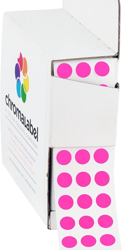 ChromaLabel 1/4 Inch Fluorescent Pink Dot Stickers, 1000 Permanent Round Circle Labels with Dispenser Box, Small Adhesive Dots for Office, Classroom, Inventory and Retail